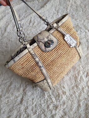 COACH Straw Python Trim Turnlock Tote Bag Zebra Lining Handbag 19359 Silver/Natu